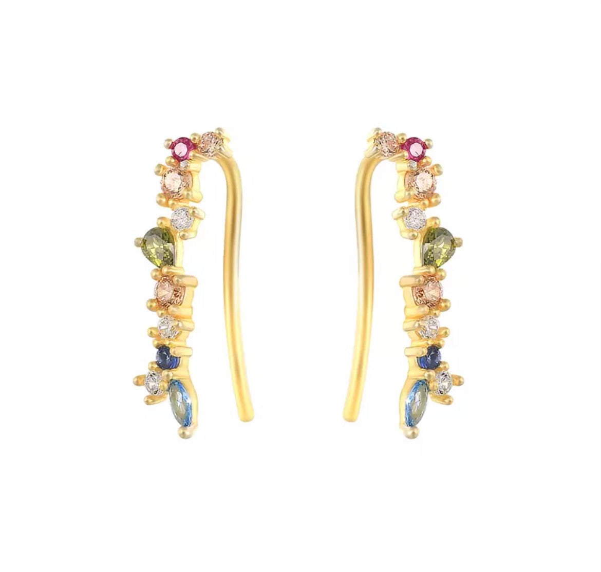 Multi Faceted Gemstone Gold Climber Earrings