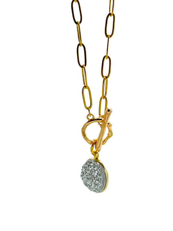 Pyrite Druzy Gold Paper Clip Chain Gold Toggle Necklace