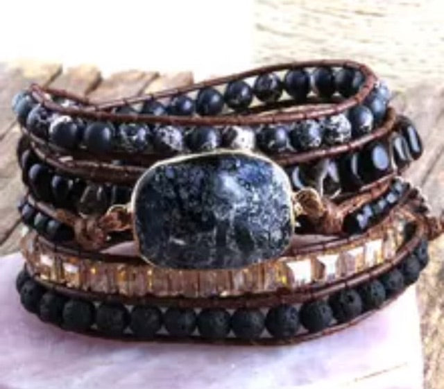 Onyx, Smokey Quartz, and Lava Adjustable Wrap Bracelet