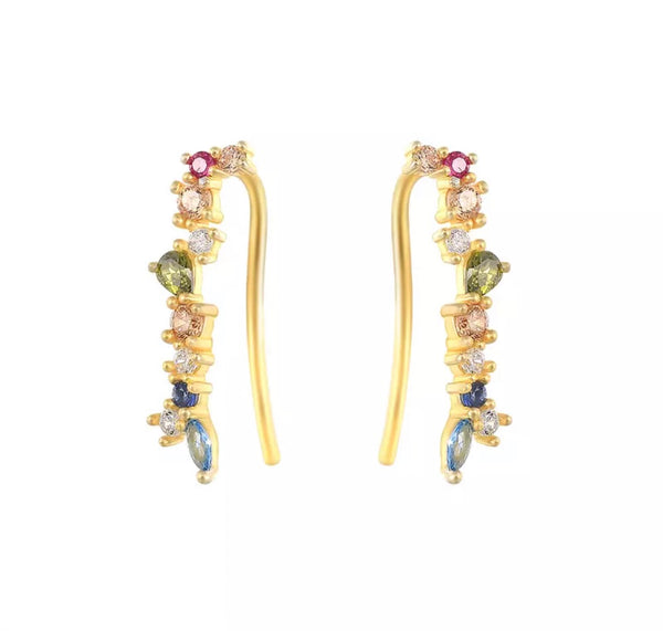 Multi Faceted Gemstone Gold Climber Earrings