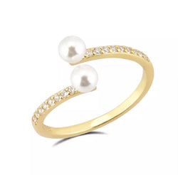 Twin Fresh Water Pearl Pave Quartz Gold Ring