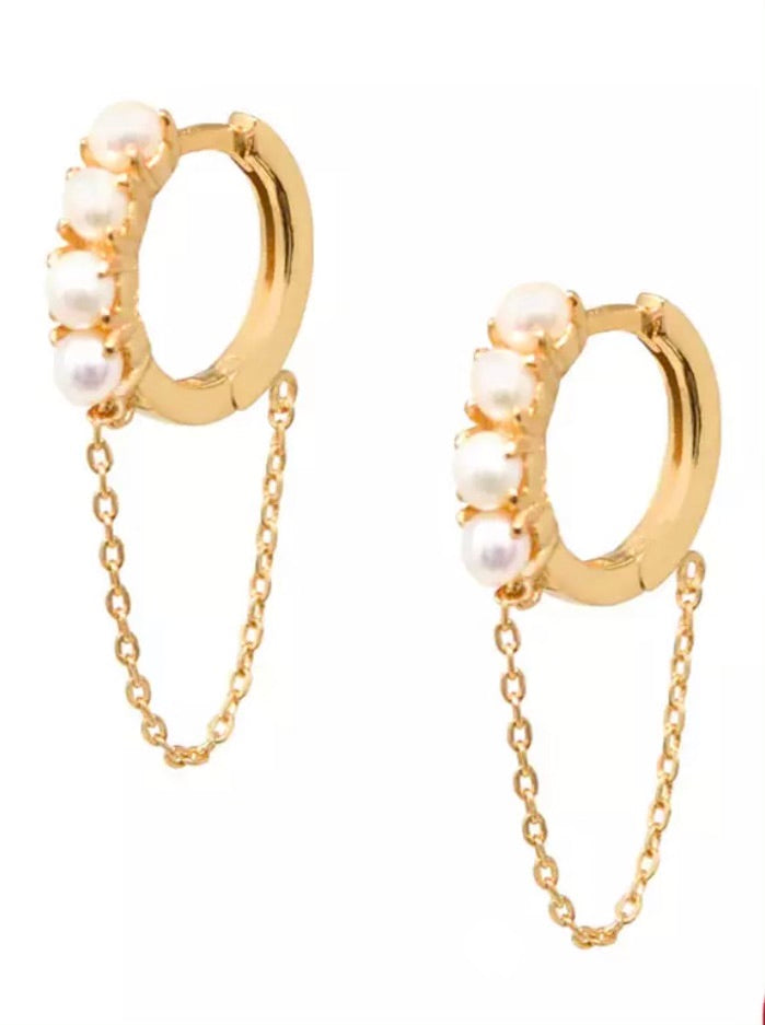 Fresh Water Pearl Chain Huggie Gold Earrings