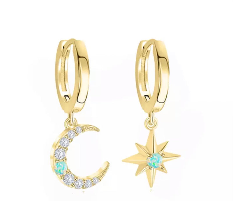 Crescent Moon & Star Fire Opal & Pave Quartz Earrings