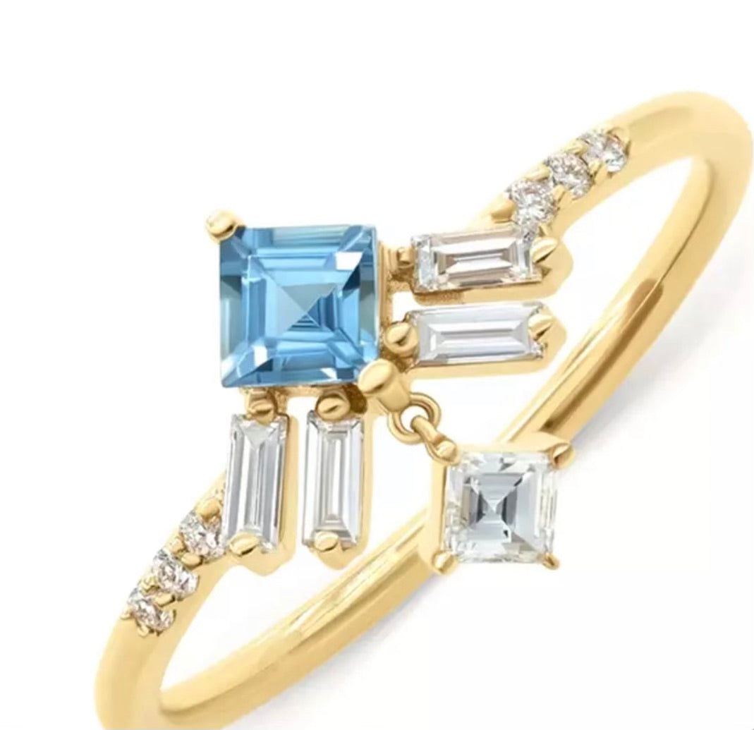 Blue Topaz Quartz Triangle Gold Ring