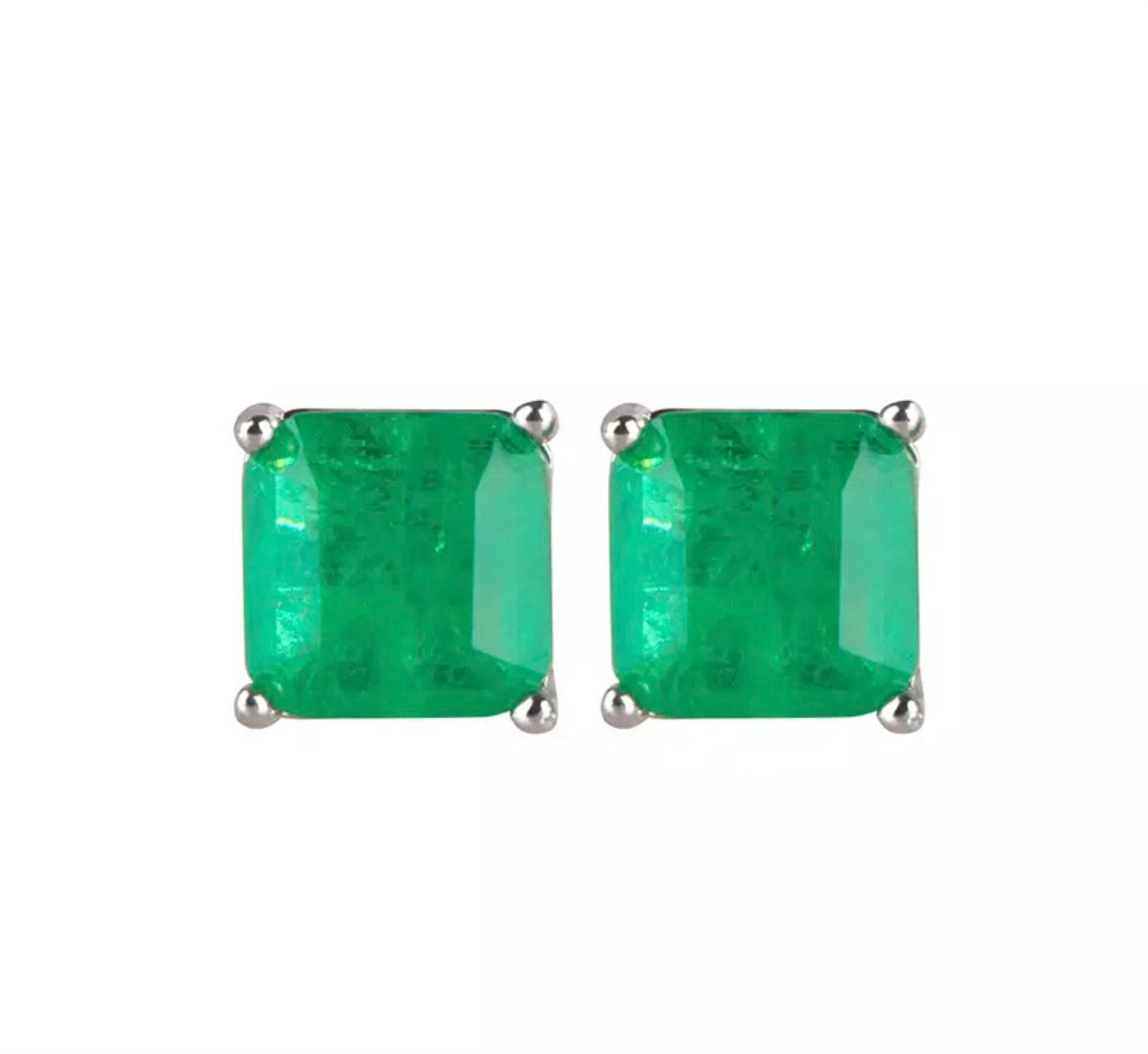 Sterling Silver Emerald Square Stud Earrings