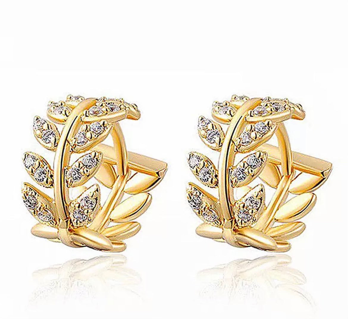 Pave Quartz Leaf Huggie Gold Hoop Earrings