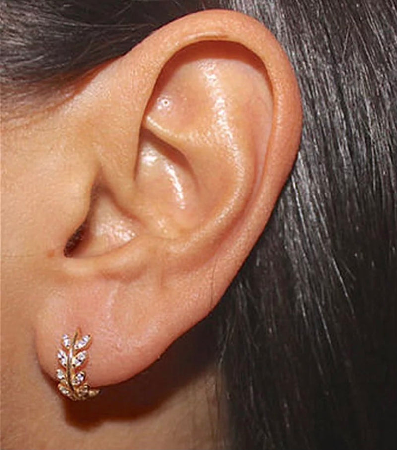 Pave Quartz Leaf Huggie Gold Hoop Earrings
