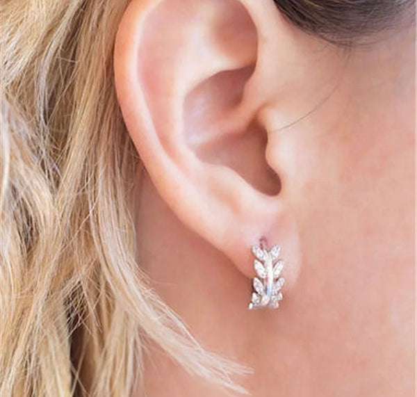 Pave Leaf Sterling Silver Huggie Earrings