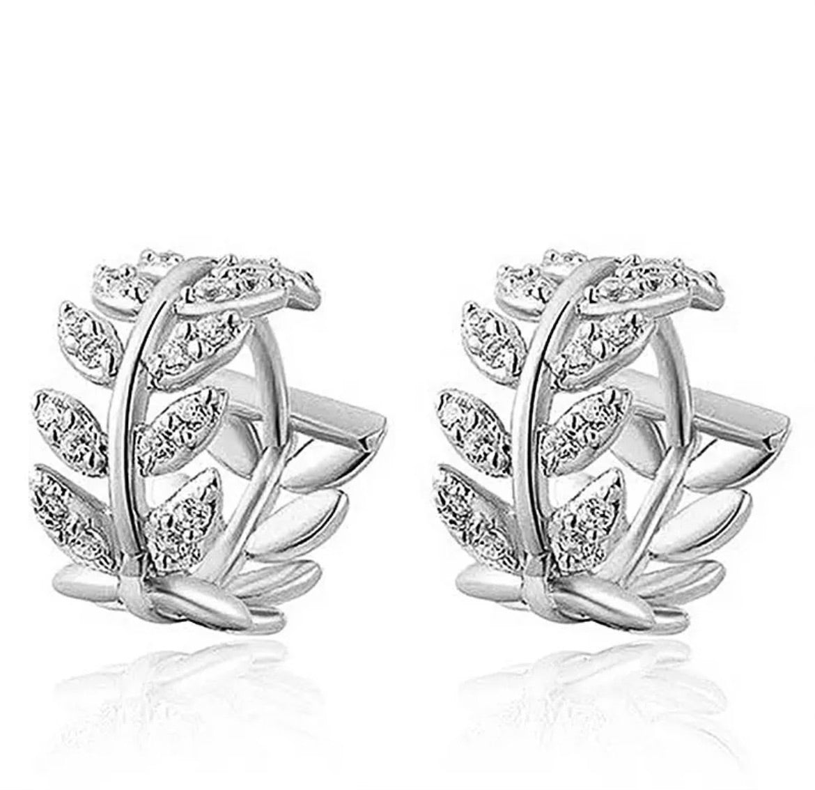 Pave Leaf Sterling Silver Huggie Earrings