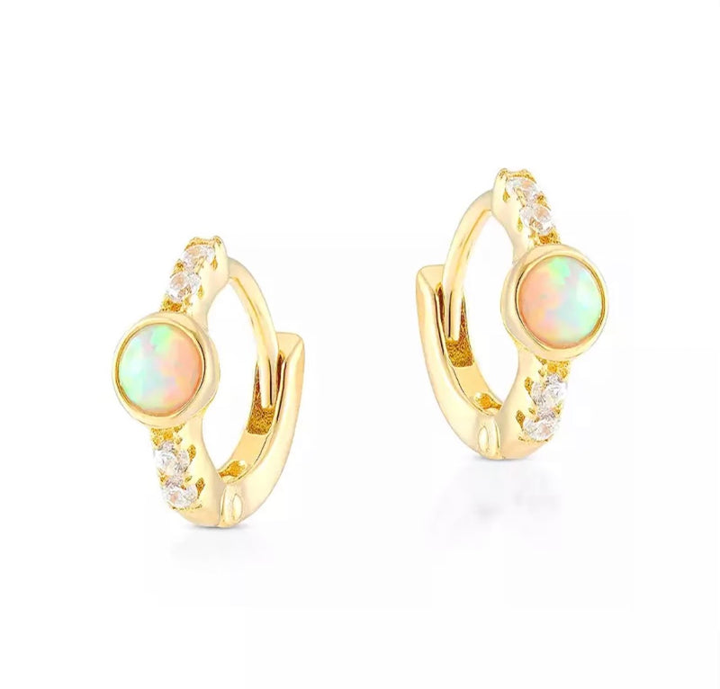 Gold Opal Pave Quartz Huggie Hoop Earrings