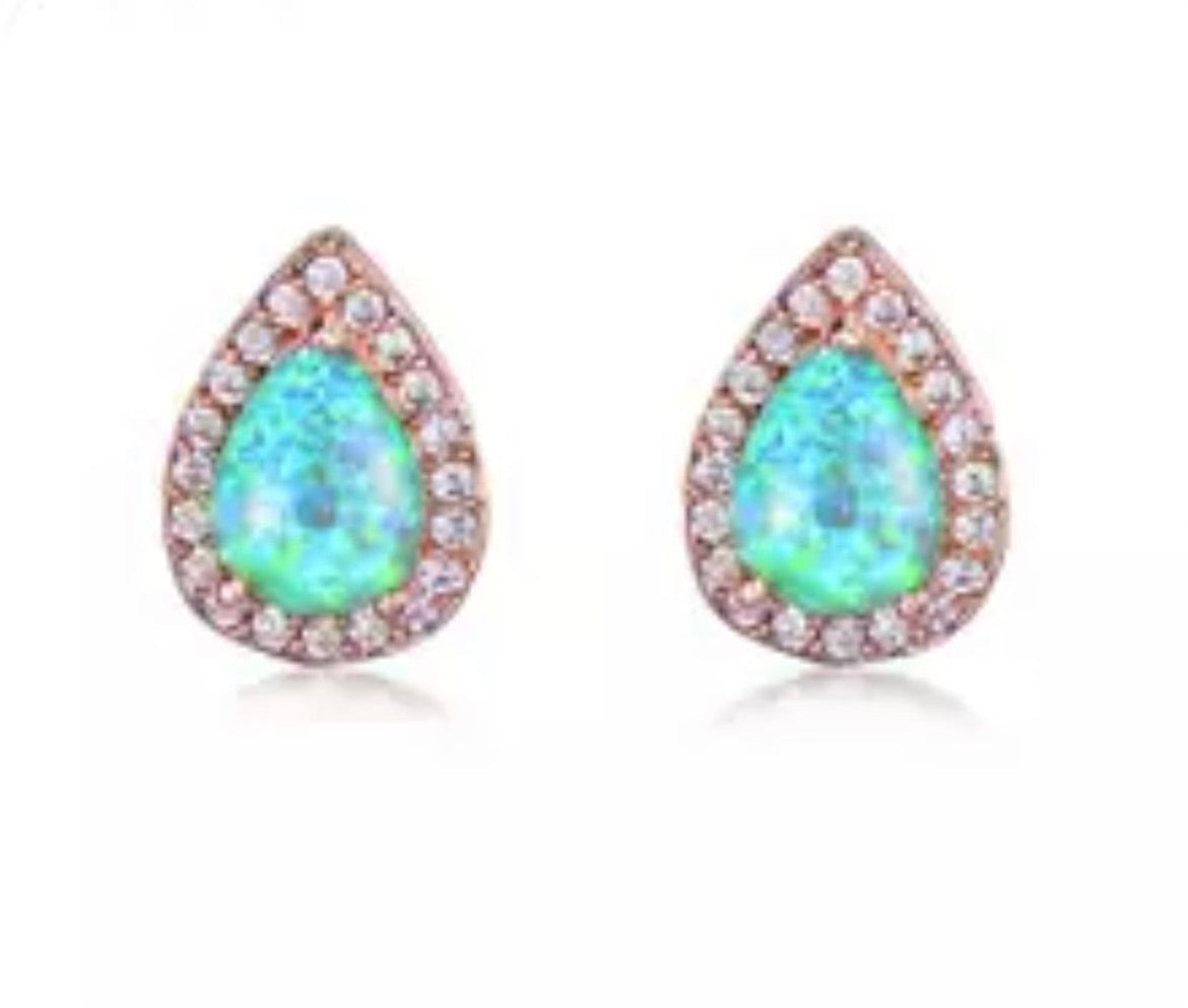 Fire Opal Rose Gold Teardrop Pave Quartz Stud Earrings