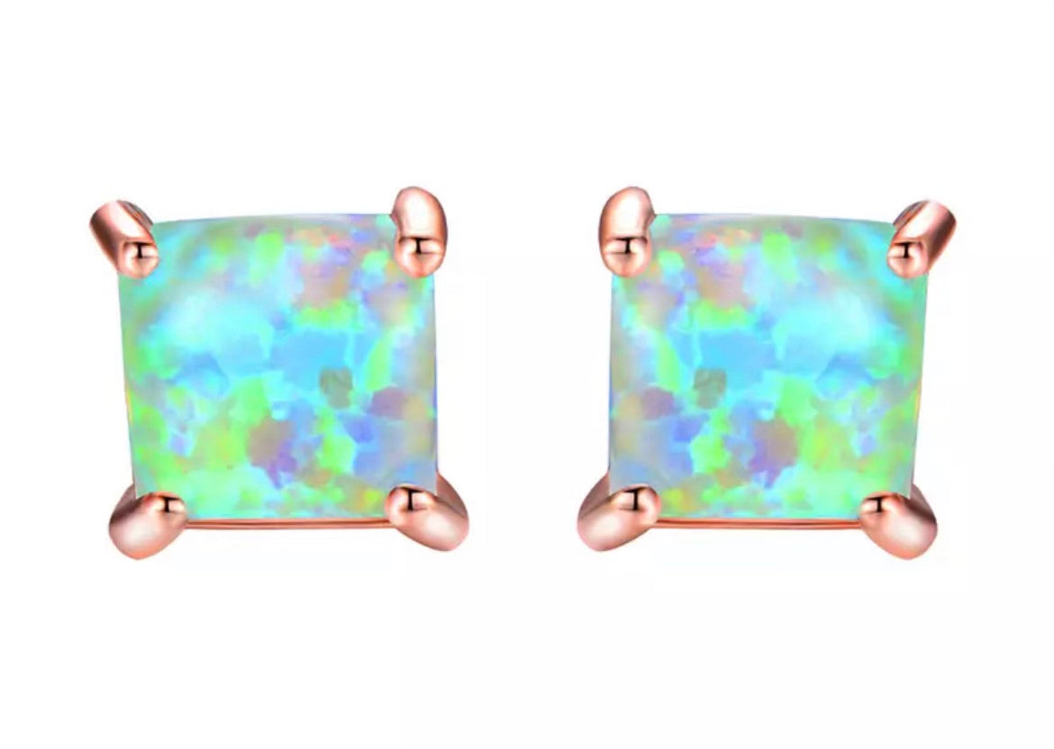 Rose Gold Square Fire Opal Stud Earrings