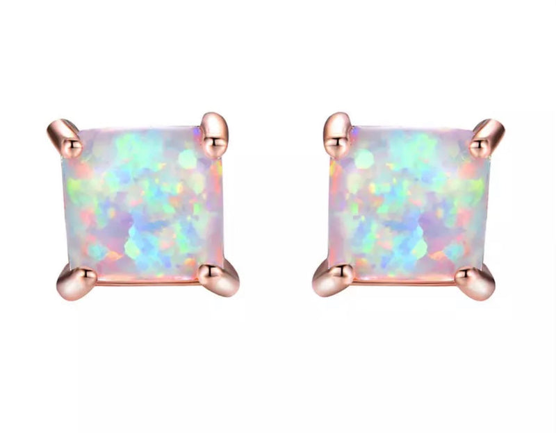 Square Rose Gold Opal Earrings