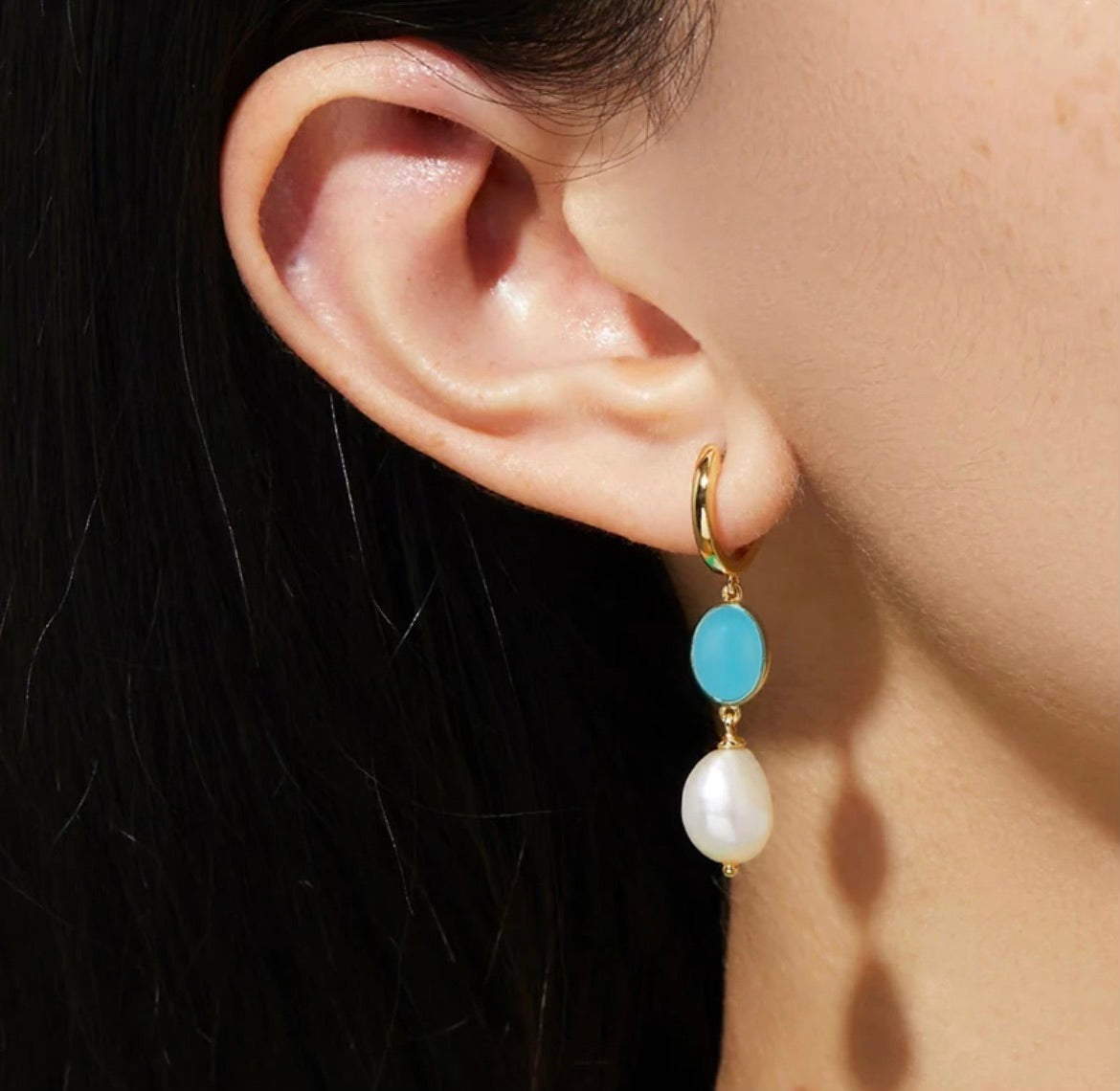 Oval Fresh Water Pearl & Turquoise Huggie Drop Earrings