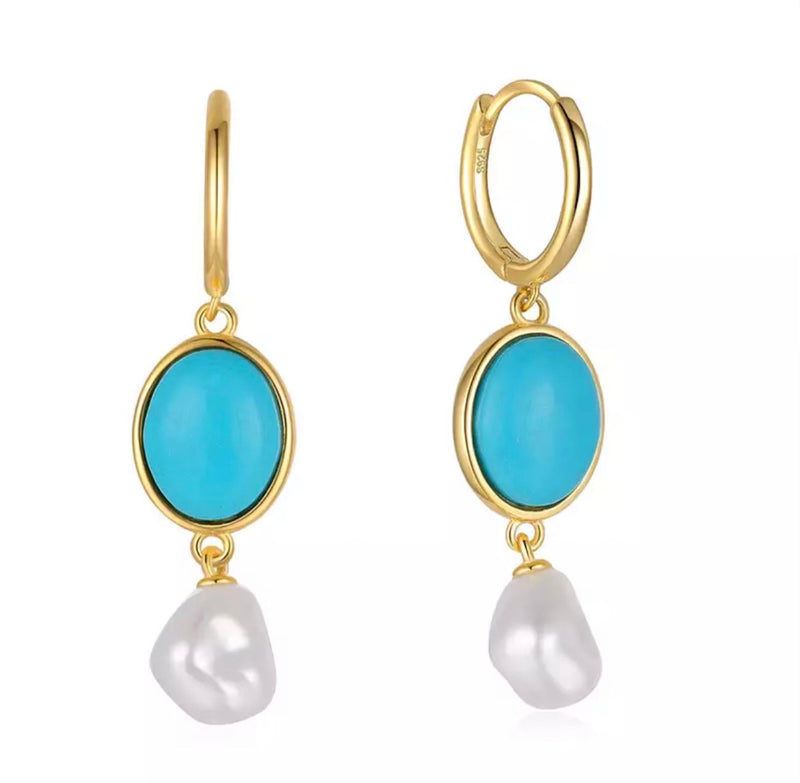 Oval Fresh Water Pearl & Turquoise Huggie Drop Earrings