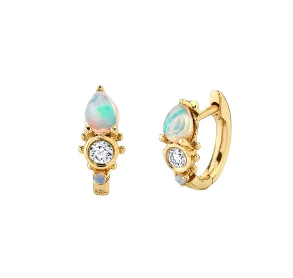 24K Gold Opal & Quartz Huggie Hoop Earrings