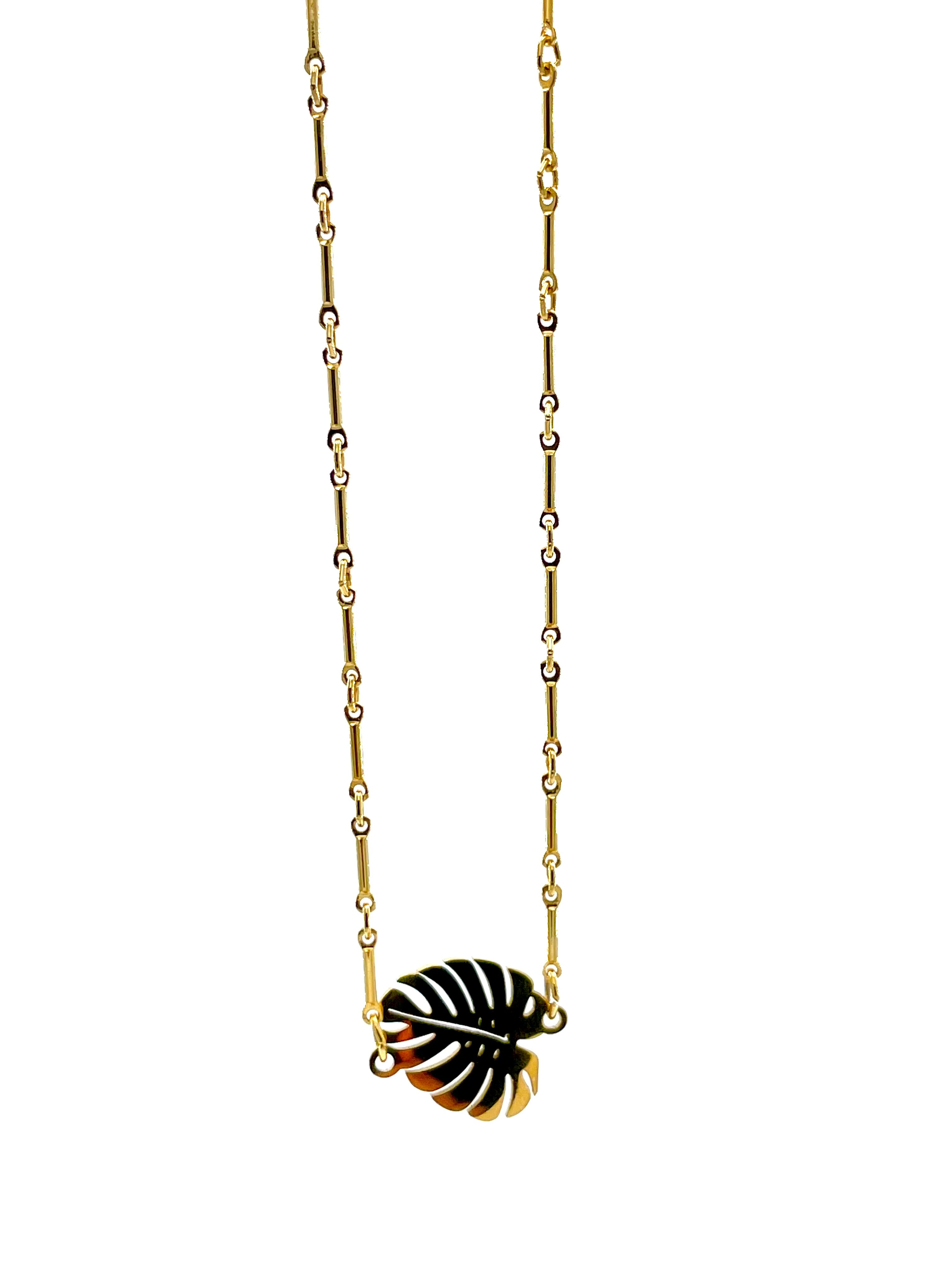 Gold Bar Chain Monstera Leaf Necklace