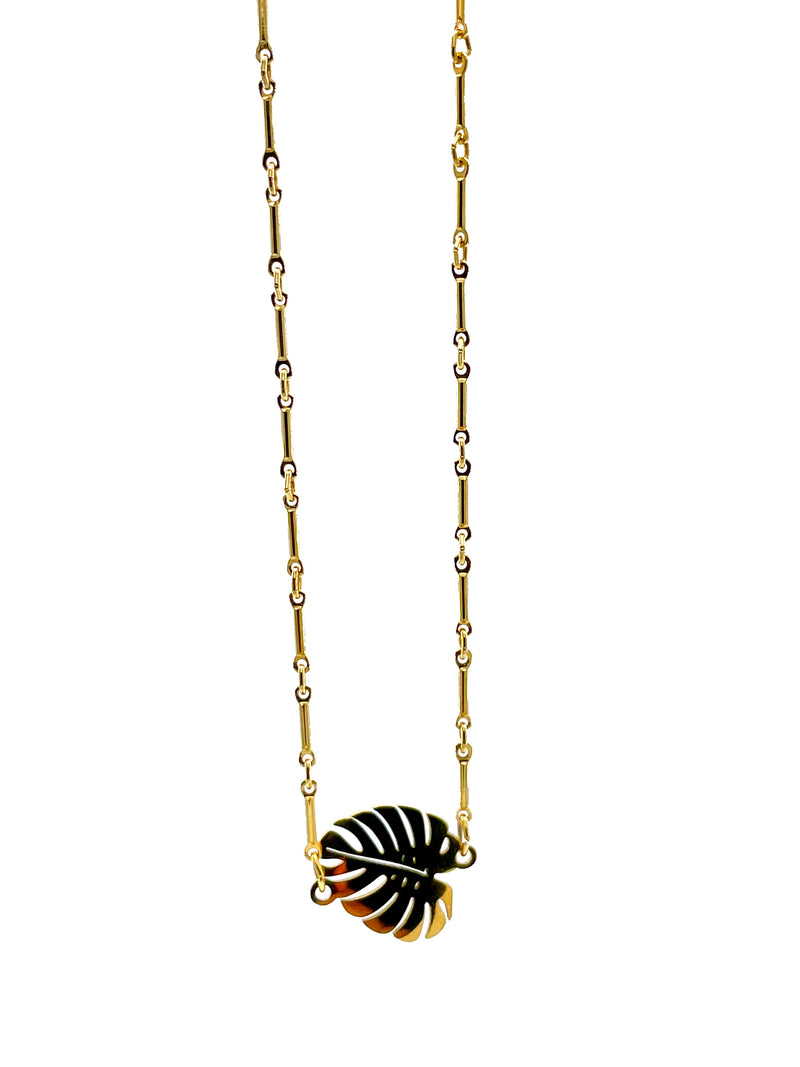 Gold Bar Chain Monstera Leaf Necklace