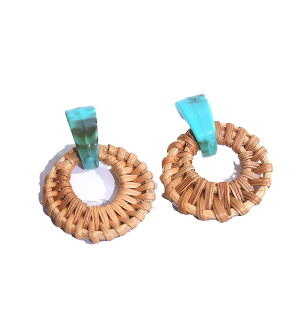 Rattan Woven Earrings Turquoise Shell