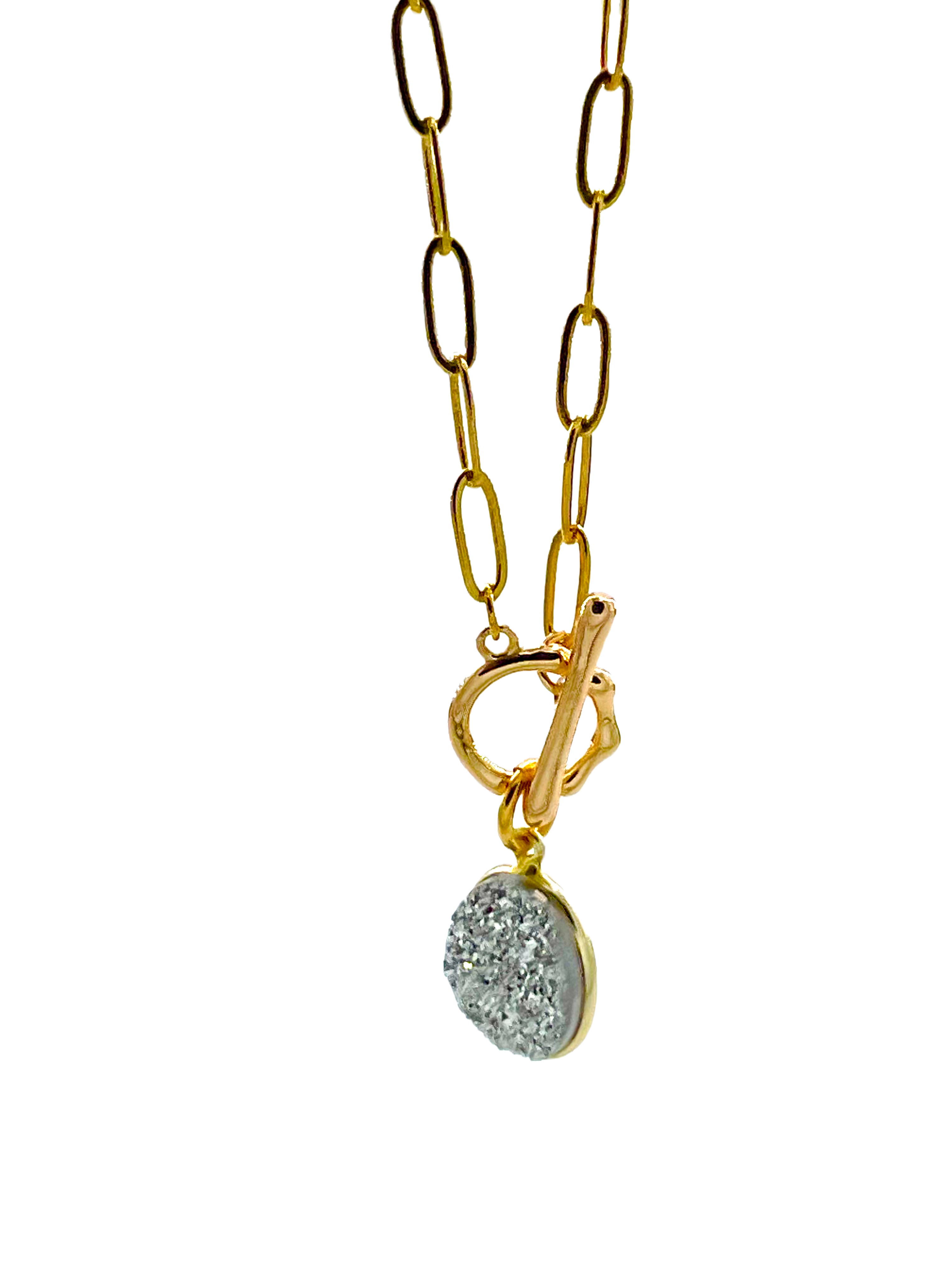 Pyrite Druzy Gold Paper Clip Chain Gold Toggle Necklace