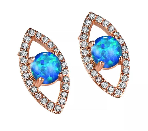 Fire Opal Pave Quartz Evil Eye Rose Gold Stud Earrings
